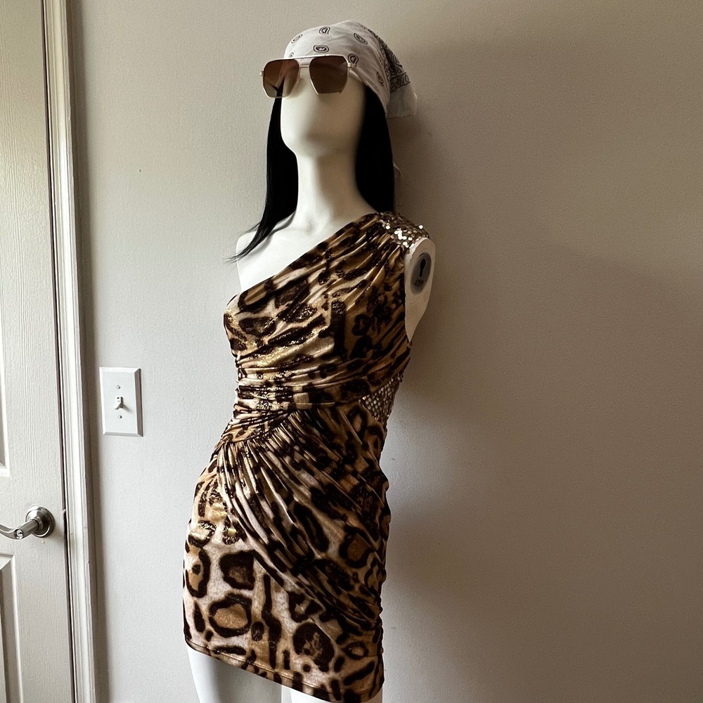 Arden B Y2K McBling Glam Maximalist Leopard Sequin Ruched Bodycon Mini Dress S